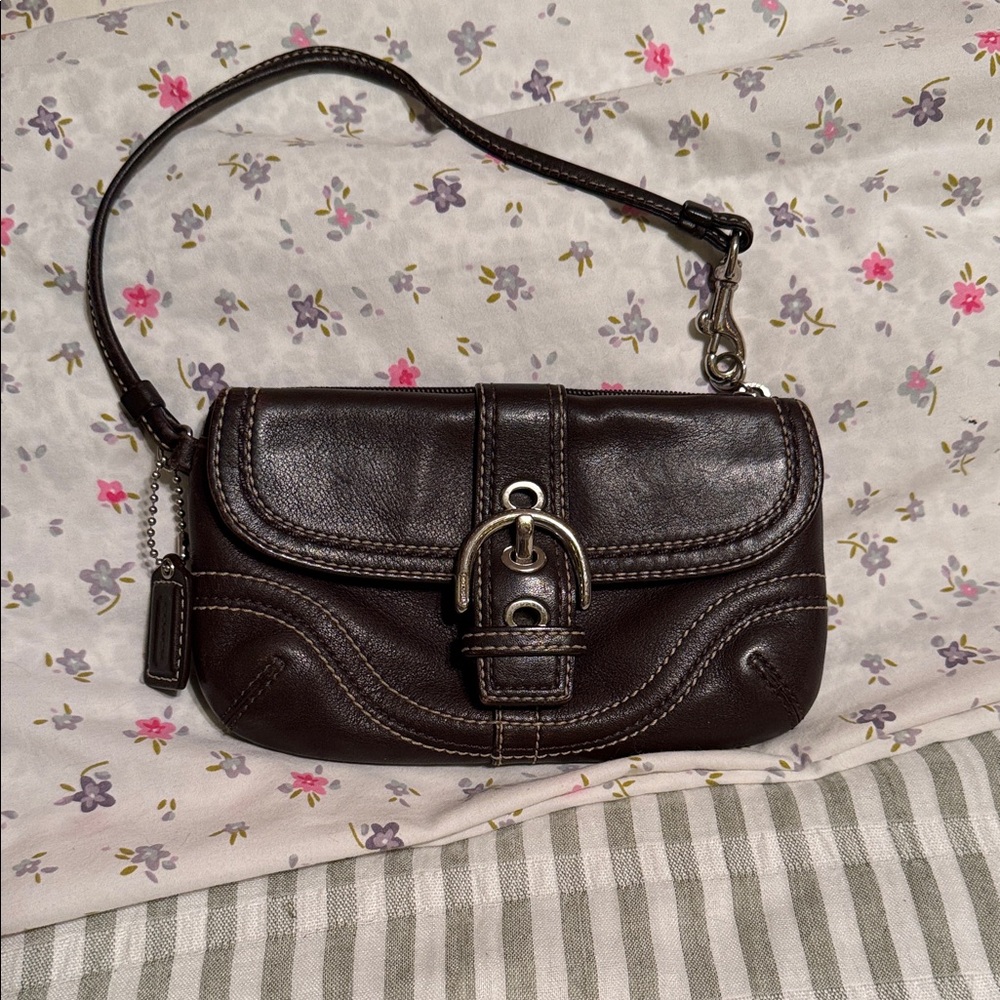 Coach Dark Brown Leather Wristlet with Buckle Accent